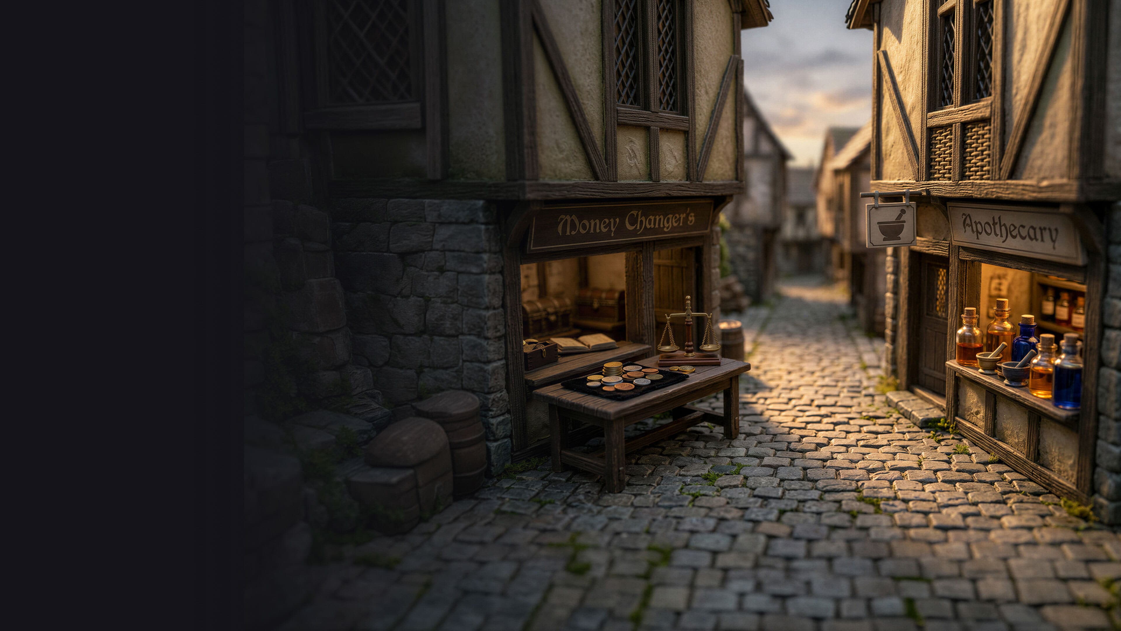 Medieval cobblestone street with half-timbered buildings and glowing shop windows at dusk