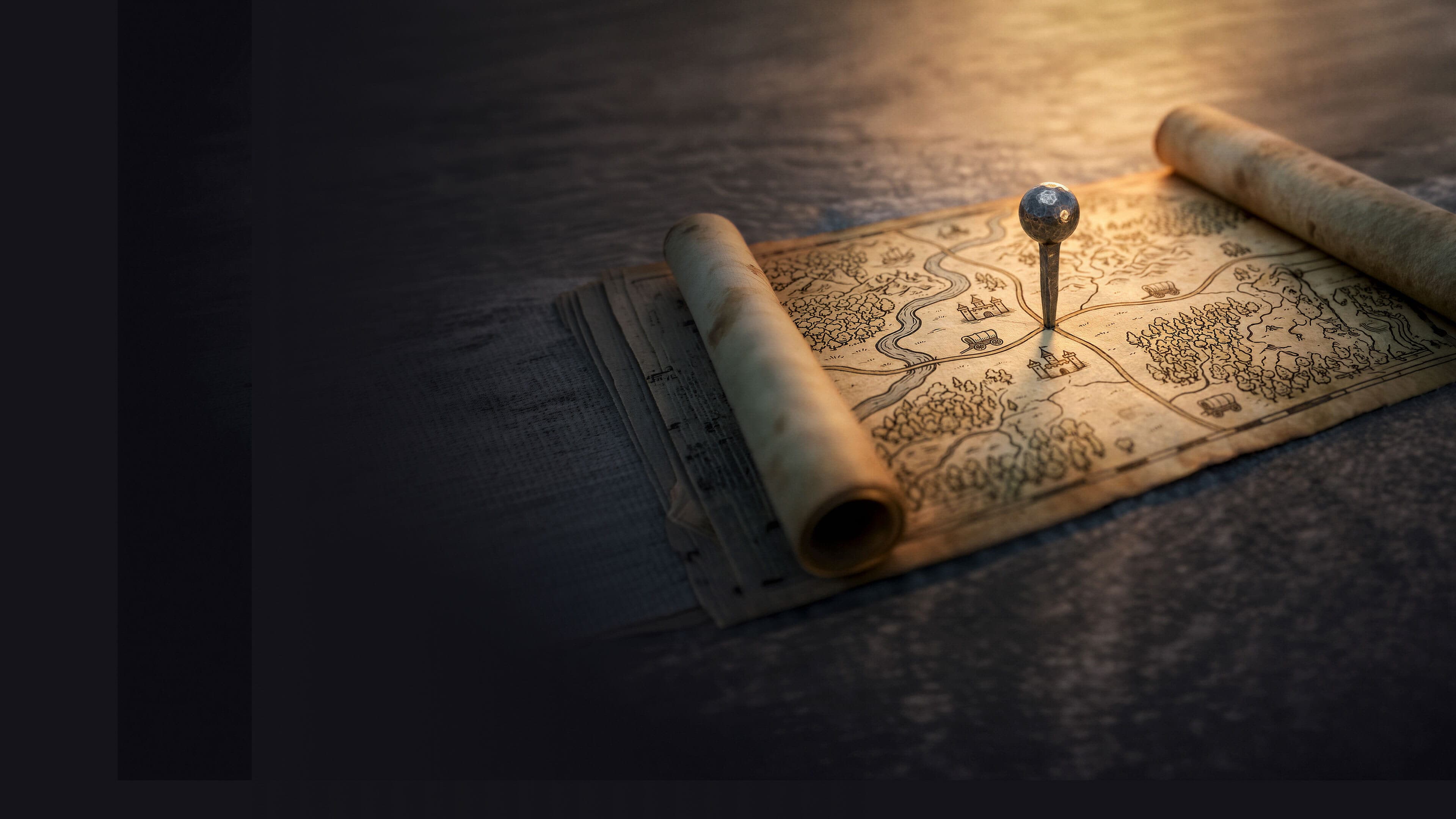 Antique map with a pushpin marking a location