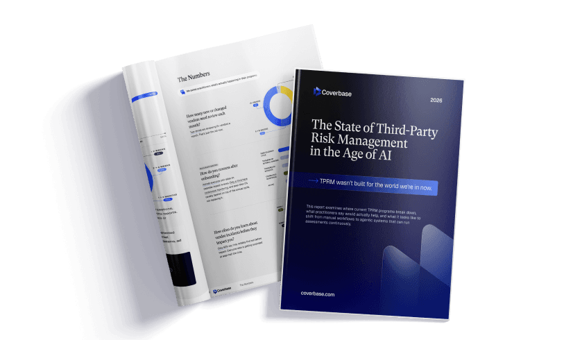 Coverbase report cover and interior pages showing The State of Third-Party Risk Management in the Age of AI