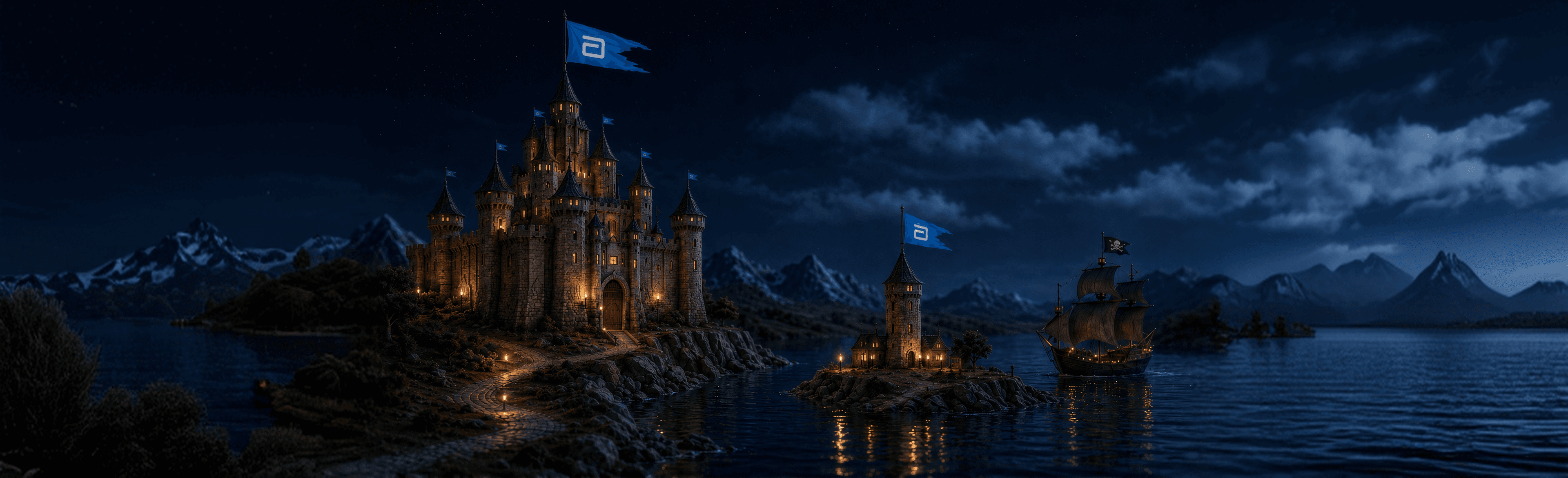 Illuminated castle and fortified structures on islands in a dark fantasy landscape