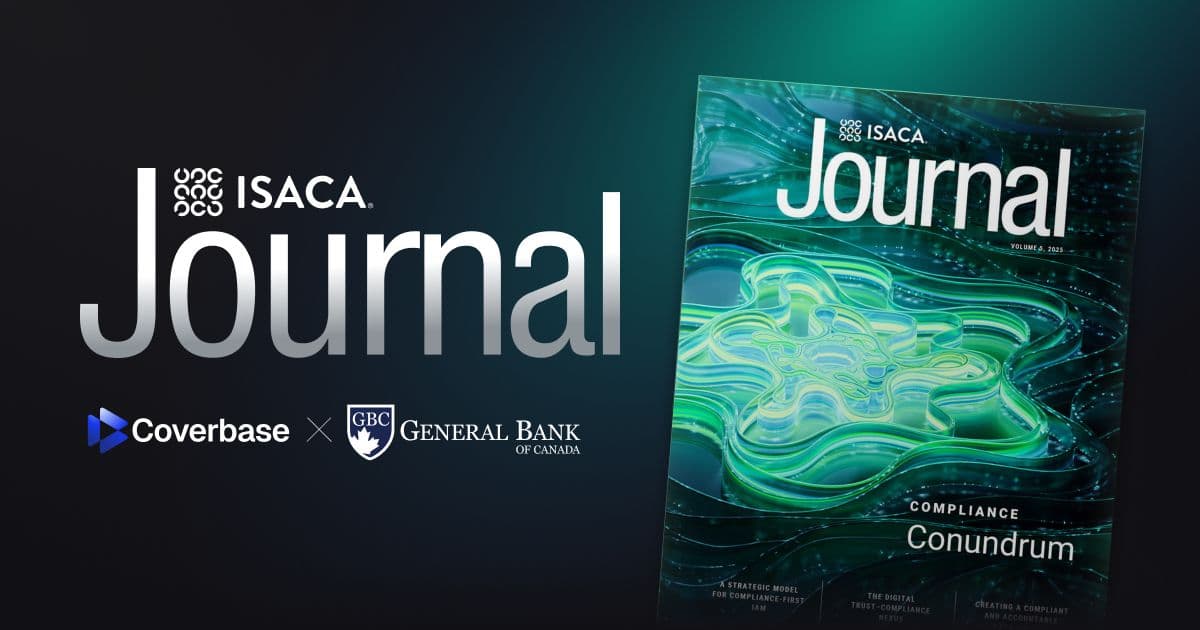 ISACA Journal cover featuring abstract green and teal digital patterns with Coverbase and General Bank of Canada logos
