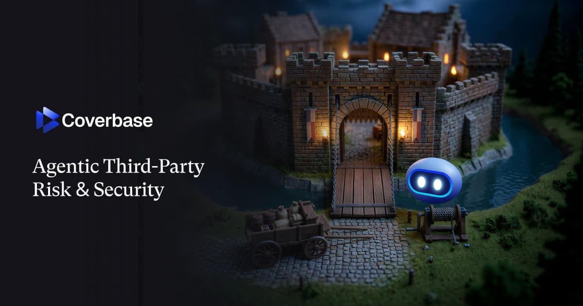 Coverbase logo with castle and robot illustration for agentic third-party risk and security content