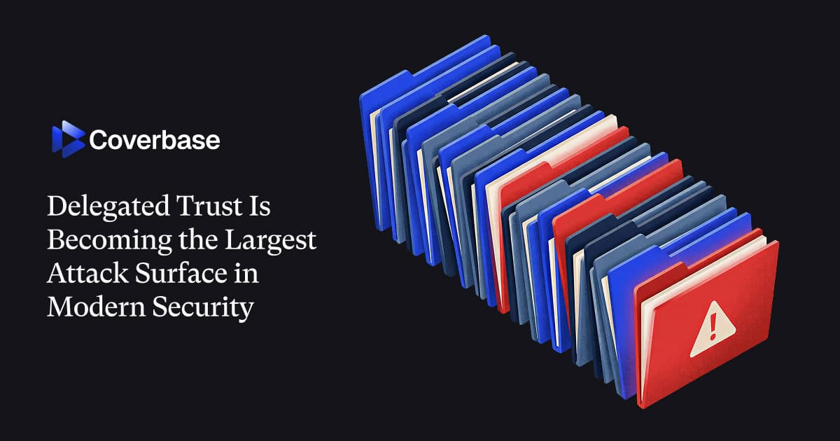Stacked file folders in blue and red with warning icon, representing delegated trust security risks