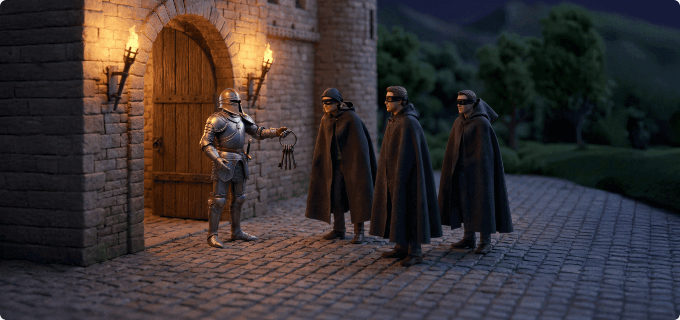 Armored guard standing at castle entrance confronting four cloaked figures approaching at night